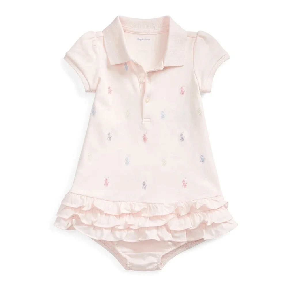 NWT Ralph Lauren Allover Pony Logo Ruffled Polo Dress Bloomer Pink Baby Girl 3M